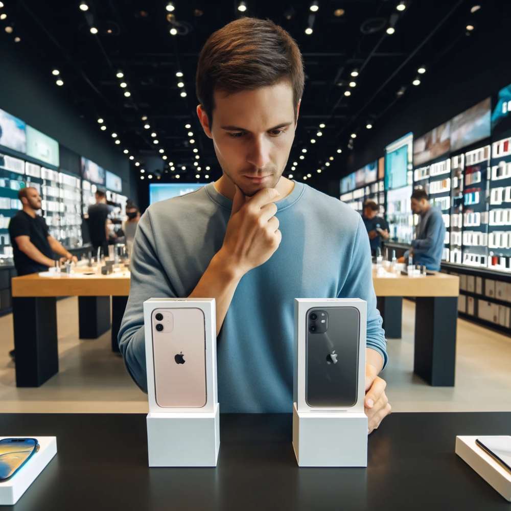 גבר בחנות אפל מתלבט בין שני סוגים של אייפון 11