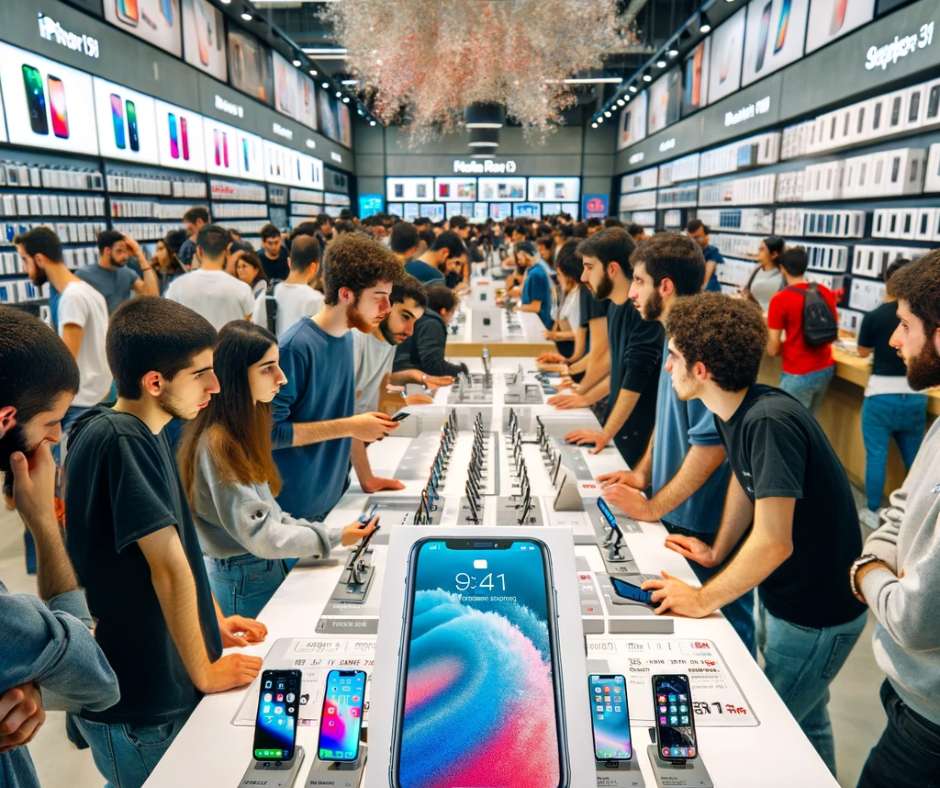 אנשים בחנות אפל מסתכלים על מגוון רחב של דגמים של אייפונים